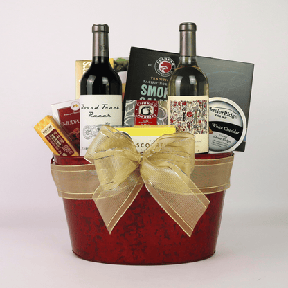 Gourmet gift tray featuring 2 Mark Ryan wines from Washington’s Columbia Valley, Vincent Red and Pinot Gris, paired with premium cheese, smoked salmon, nuts, and water crackers for a luxurious tasting experience.