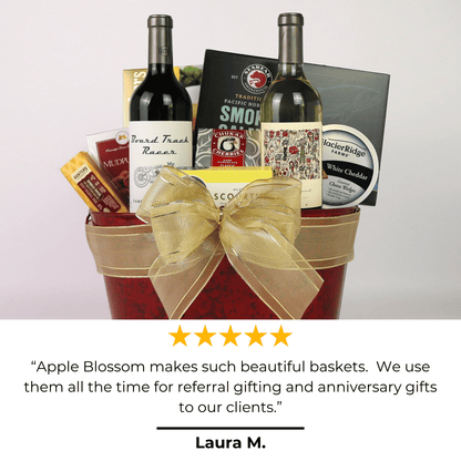 Mark Ryan Duet Wine Basket with 5 star review that says Apple Blossom makes such beautiful baskets.  We use them all the time for referral gifting and anniversary gifts to our clients