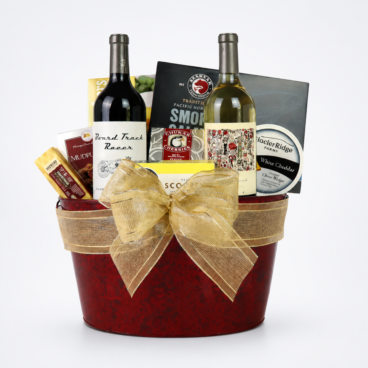 Gourmet gift tray featuring 2 Mark Ryan wines from Washington’s Columbia Valley, Vincent Red and Pinot Gris, paired with premium cheese, smoked salmon, nuts, and water crackers for a luxurious tasting experience.