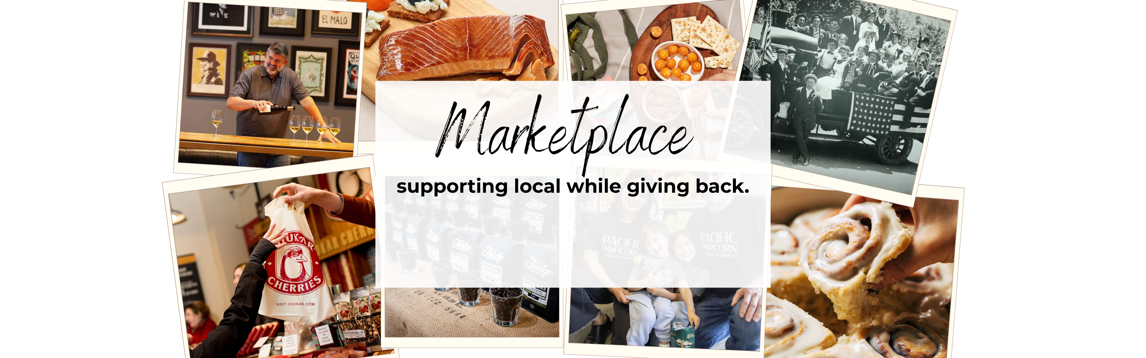 Marketplace banner collage featuring Washington artisans, local foods, and makers, with text reading ‘Marketplace — supporting local while giving back’ from Apple Blossom Gift Baskets.