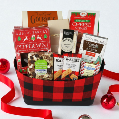 Holiday gift basket Merry and Bright with plaid container and gourmet snacks