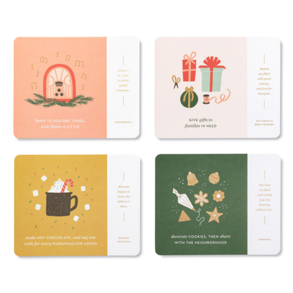 merry memories activity card examples of Four festive cards with illustrations and text on a white background