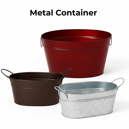 Three metal containers in red, brown, and silver on a white background with 'Metal Container' text for a build your own personalized gift basket option.