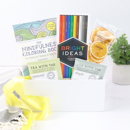 Mindfulness and creativity gift set with coloring book, pencils, and gourmet treats by Apple Blossom
