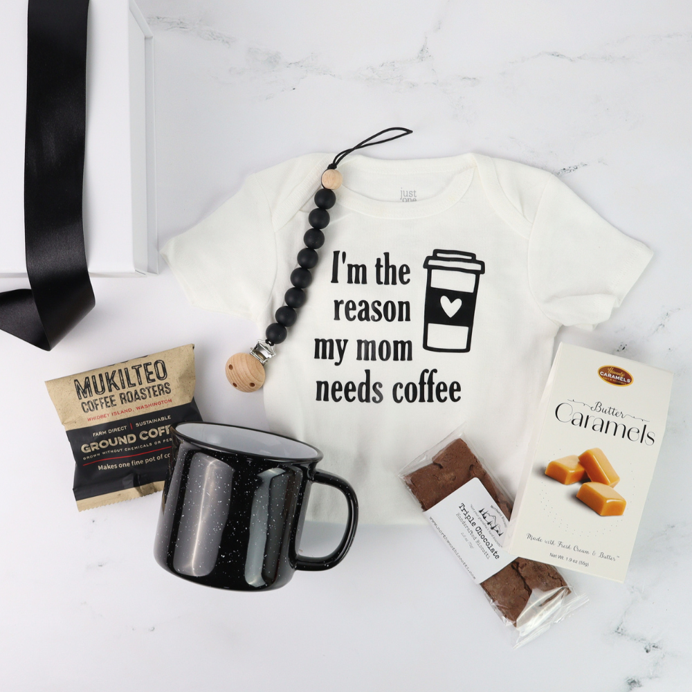 Baby shower gift set for coffee loving moms with “My Mom Needs Coffee” onesie and Seattle coffee treats