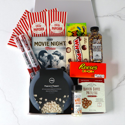 Luxury movie night gift basket for couples or families, crafted in the Pacific Northwest and filled with locally sourced treats and popcorn.