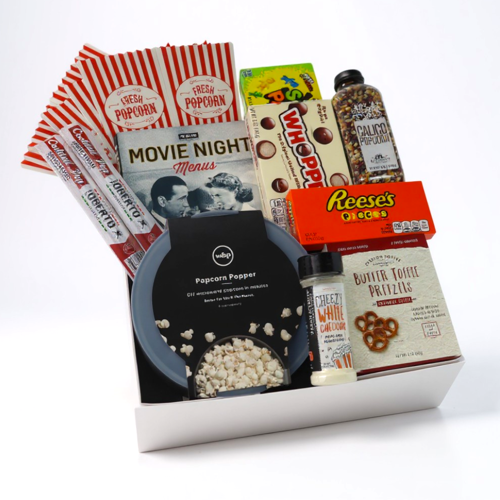 Seattle-inspired movie night gift box featuring gourmet popcorn, candy, and snacks, perfect for family nights or couples in the Pacific Northwest.
