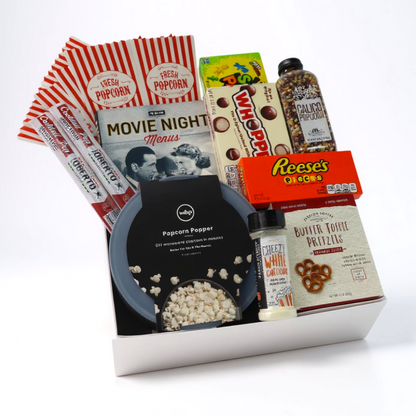 Seattle-inspired movie night gift box featuring gourmet popcorn, candy, and snacks, perfect for family nights or couples in the Pacific Northwest.