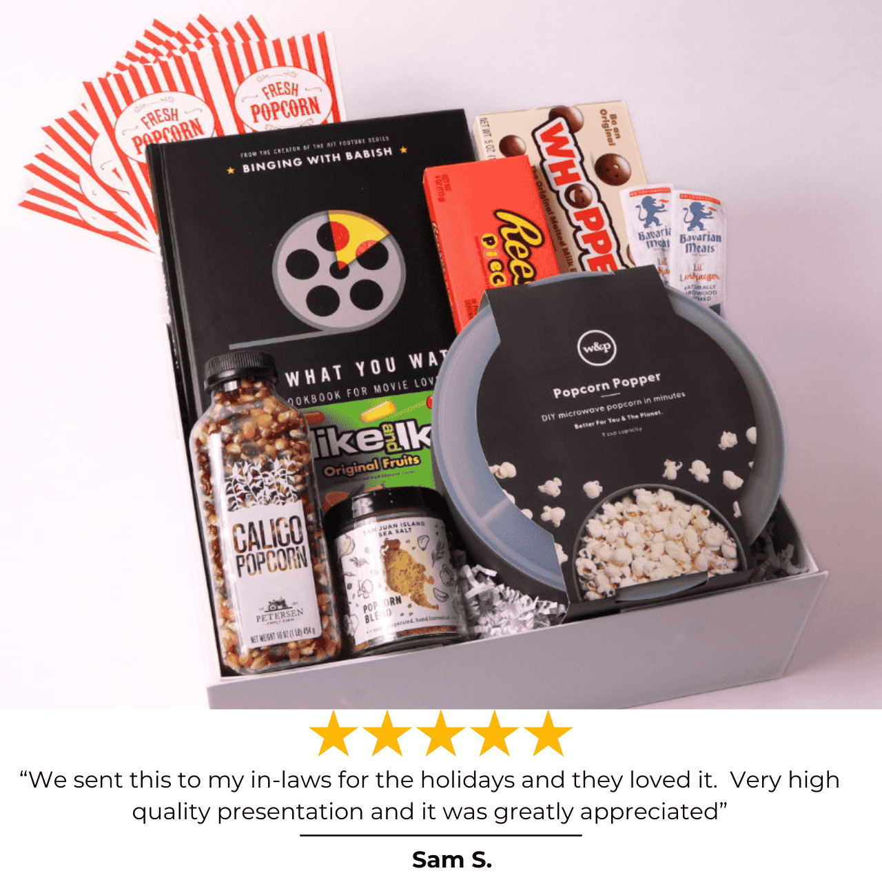 Handcrafted movie night gift basket featuring local Pacific Northwest goodies, perfect for cozy evenings at home.