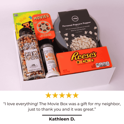 Customer 5-star review photo of movie night gift box – loved for thoughtful curation, quality items, and fun experience for cozy nights in.
