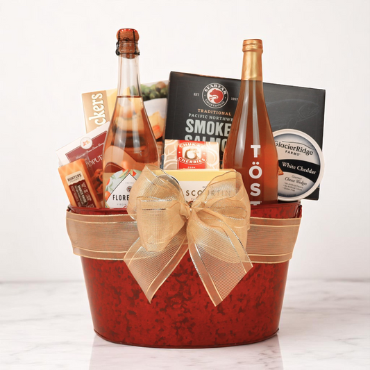 Non-Alcoholic Wine Gift Basket in faux leather tote with TÖST Sparkling White Tea, Florentina Sparkling Spritz, and gourmet treats made in WA, ideal for client or family gifting.