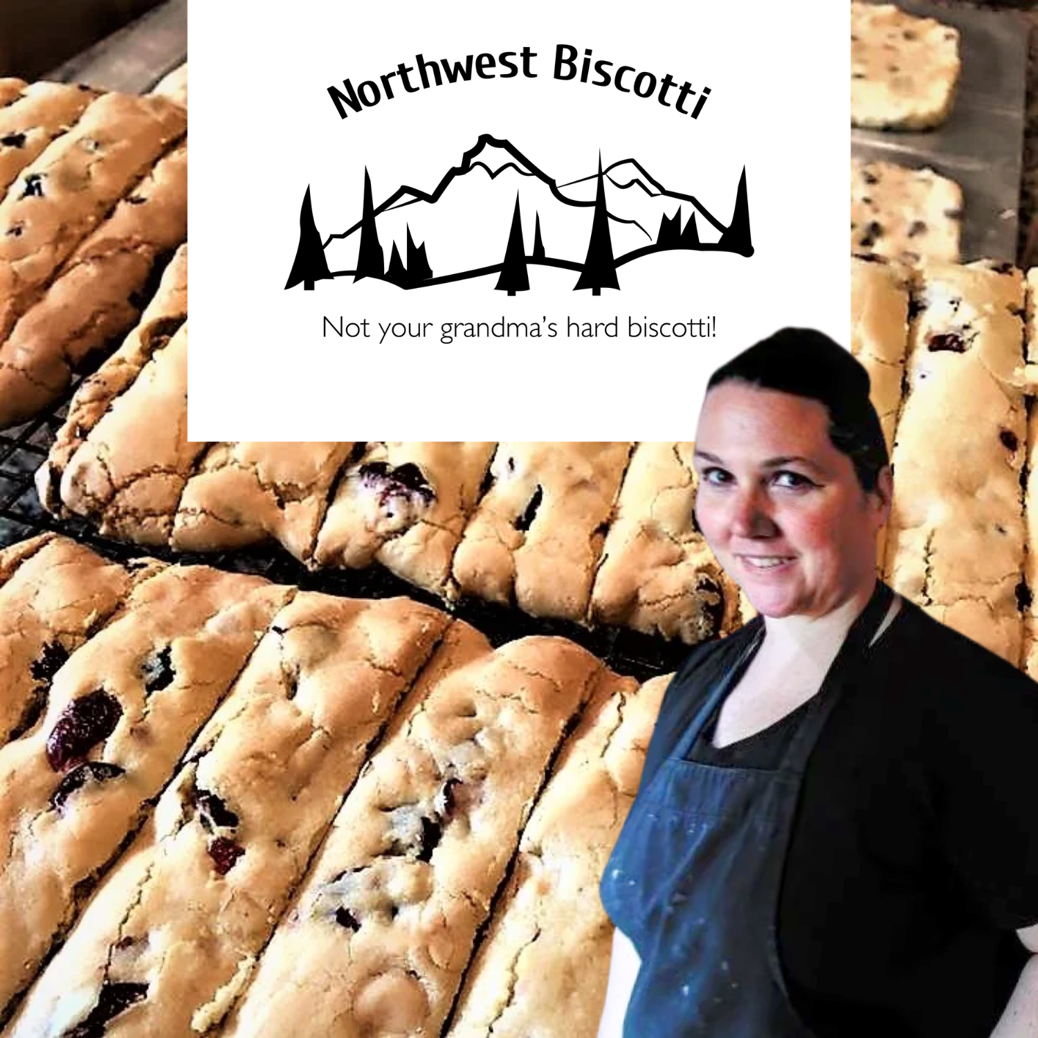 Woman standing in front of Northwest Biscotti with a display of baked goods.