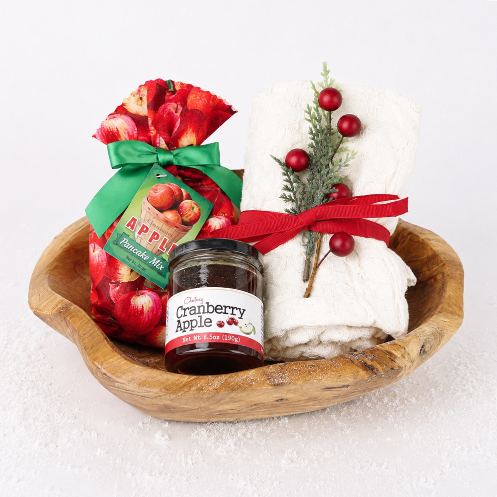 Northwest Christmas Morning gift bowl with apple pancake mix, cranberry apple chutney, kitchen towel and reusable natural wood bowl