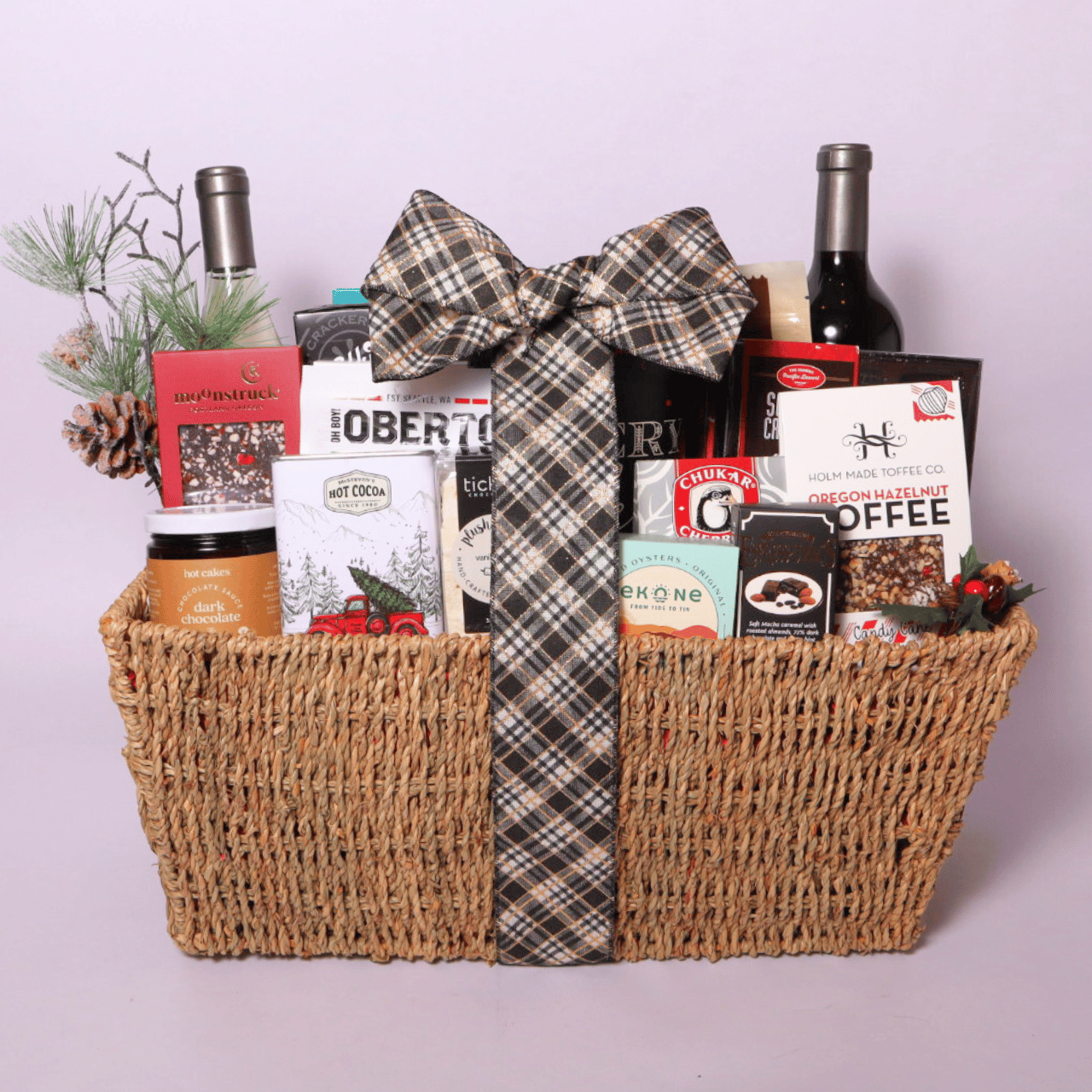 Washington snack gift basket for Christmas gifts.  Includes wine, crackers cheese, chocolate and snacks.