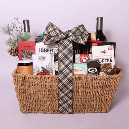 Washington snack gift basket for Christmas gifts.  Includes wine, crackers cheese, chocolate and snacks.