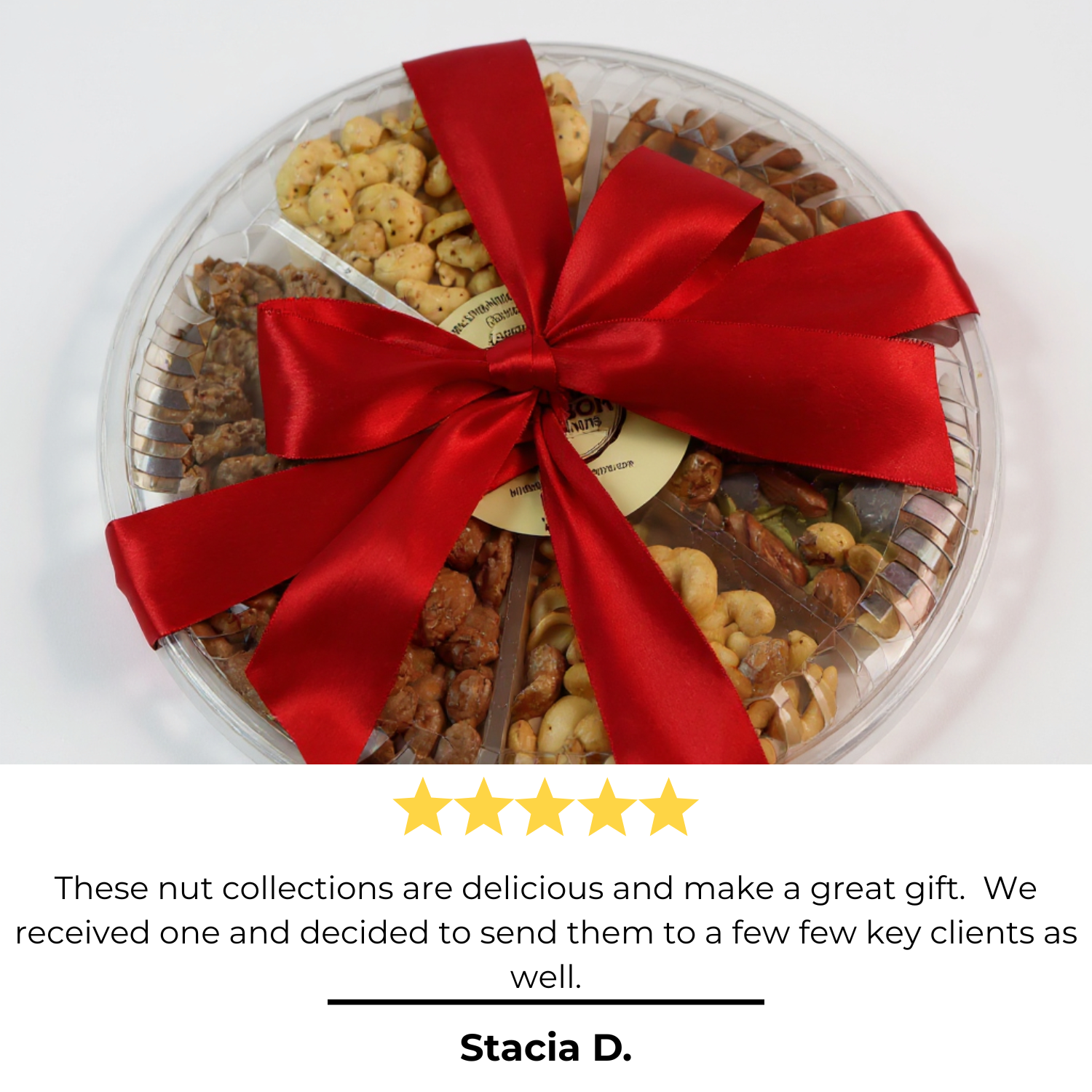Premium nut assortment in a clear tray, ready for holiday or corporate gifting.