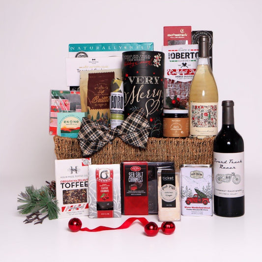 holiday Washington wine Gift basket with various items including wine, coffee, and snacks on a white background
