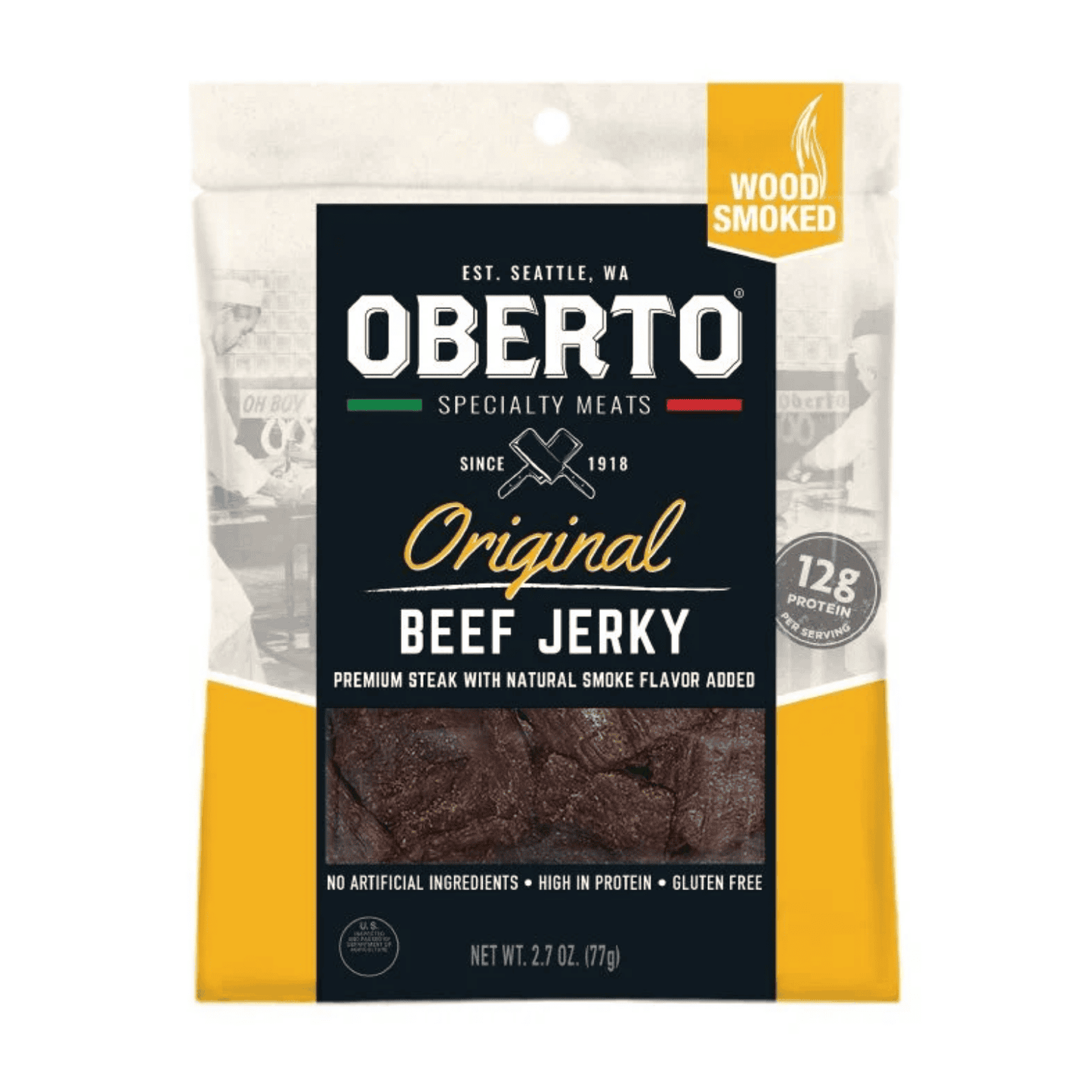 Oberto Original Beef Jerky, 2.7oz pack, made in Washington—premium savory snack perfect for gift baskets and on-the-go enjoyment.