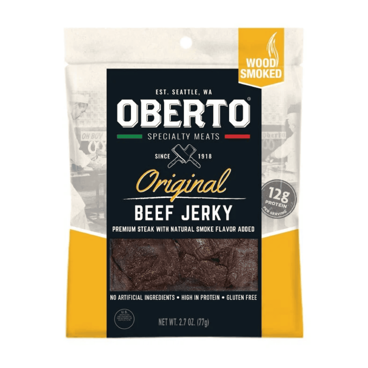 Oberto Original Beef Jerky, 2.7oz pack, made in Washington—premium savory snack perfect for gift baskets and on-the-go enjoyment.