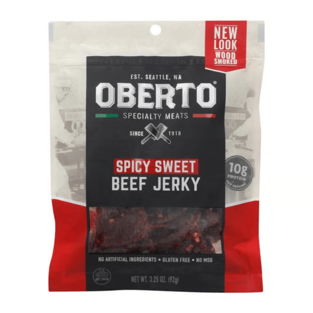 Oberto Spicy Beef Jerky, 3.25oz pack—made in Washington, Spicy Sweet flavor  ideal for gifting and snacking.