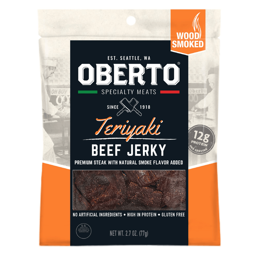 Oberto Teriyaki Beef Jerky, 2.7oz pack—made in Washington, rich teriyaki flavor with smoky applewood, ideal for gifting and snacking.