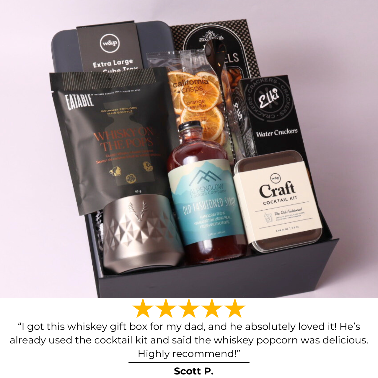 old fashioned-themed gift box elegantly packed with all contents, including Alpenglow cocktail syrup, tumbler, ice mold, and more, displayed with a glowing 5-star review.