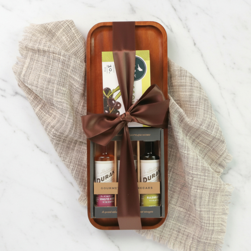 Gourmet gift set with wooden tray and Durant Oregon grown olive oil, artisan ingredients