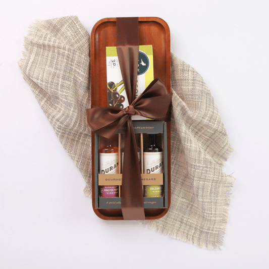 Gourmet gift set with engraved wooden tray and Durant Oregon grown olive oil, artisan ingredients