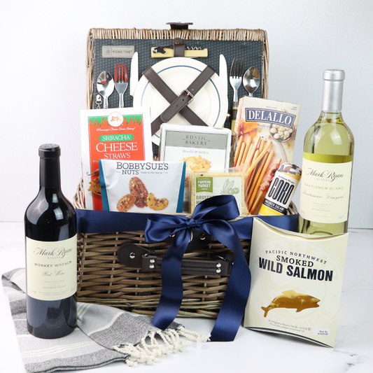 pacific northwest wine Gift basket with mark ryan wine, smoked salmon, and assorted snacks in a luxury picnic basket