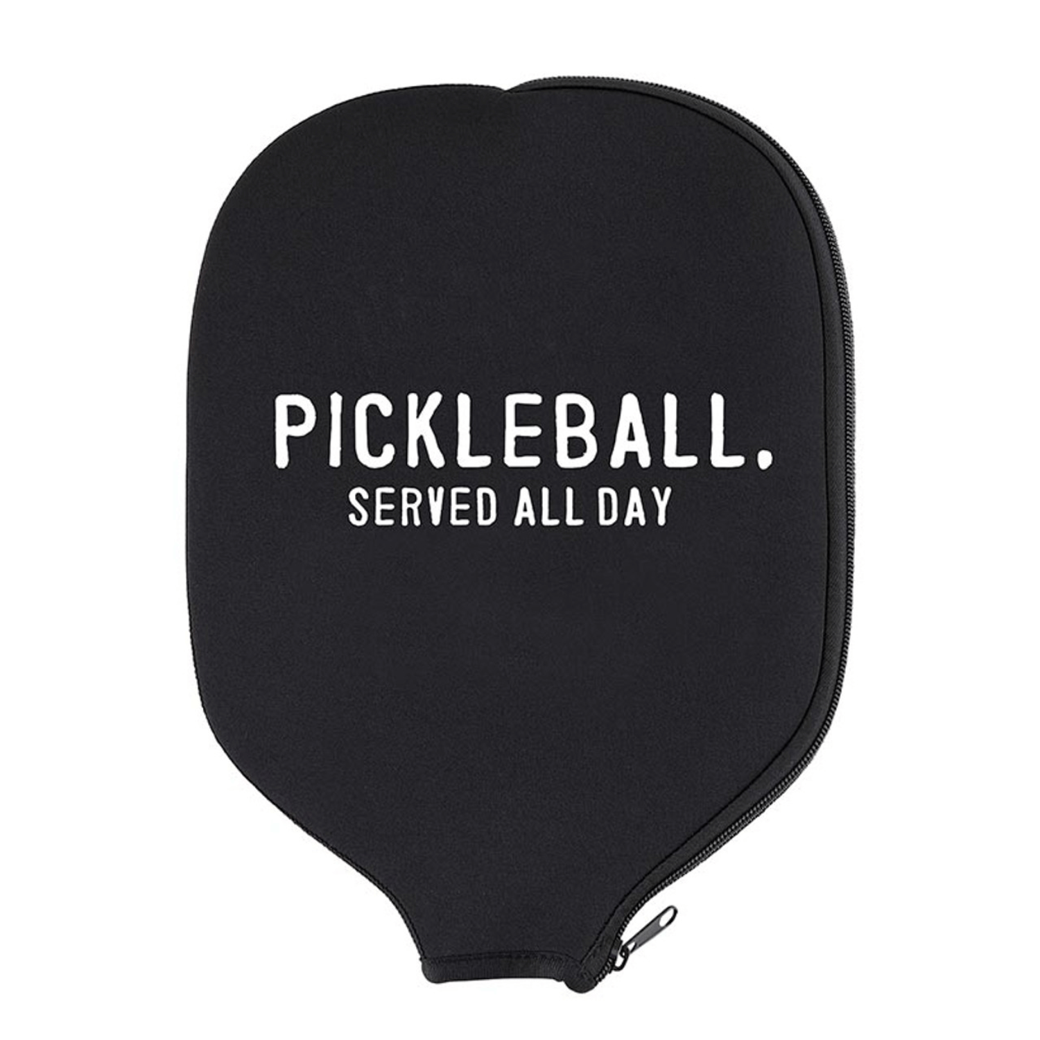 black pickleball paddle cover that says in white letters "pickleball served all day" makes the perfect addition to a pickleball gift