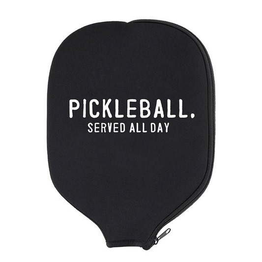 black pickleball paddle cover that says in white letters "pickleball served all day" makes the perfect addition to a pickleball gift