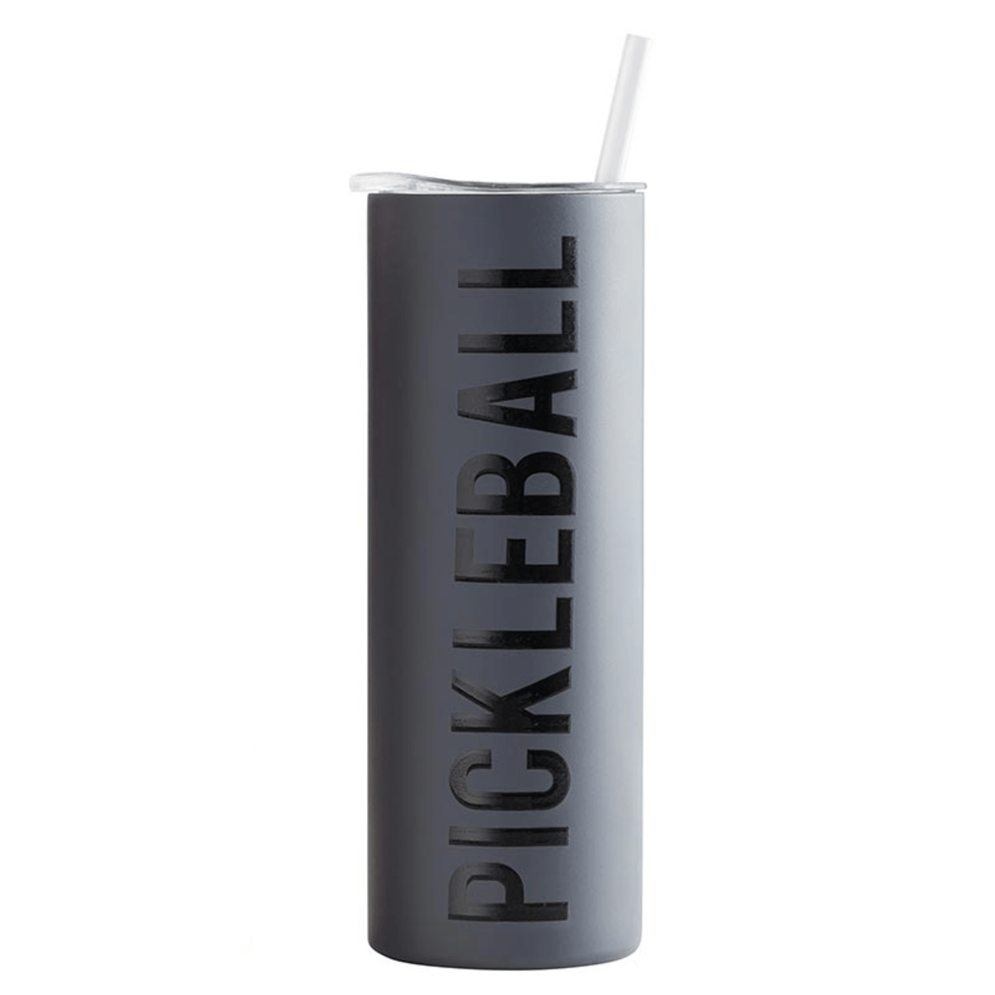 black on black 20oz. tumbler that says pickleball.  Ad this to create your own personalized pickleball player gift.