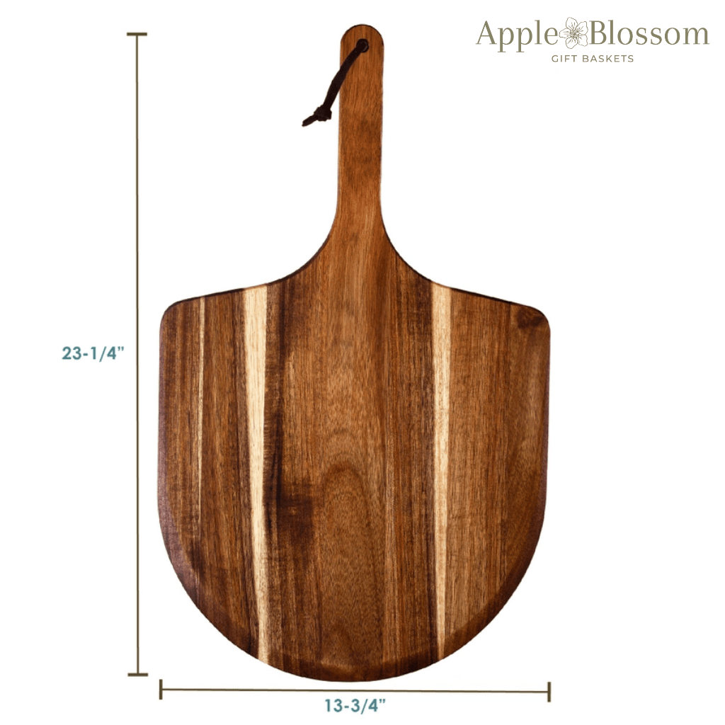 A high-quality wooden pizza peel with detailed measurements, ideal for serving and preparing homemade pizzas—a stylish and functional addition to any kitchen gift basket or real estate gift.