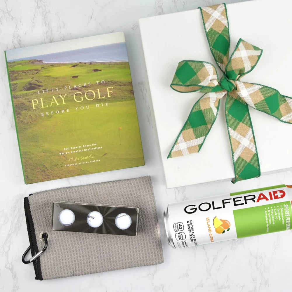 Play Golf gift set with golf book, towel, golf balls, and GOLFERAID performance blend