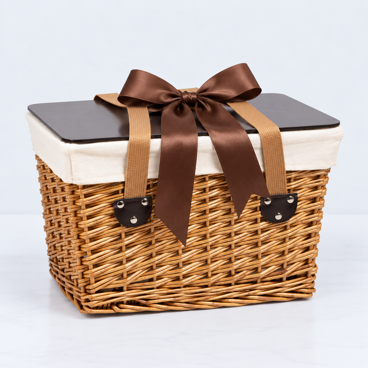 picnic time picnic basket with table wrapped in a brown satin bow