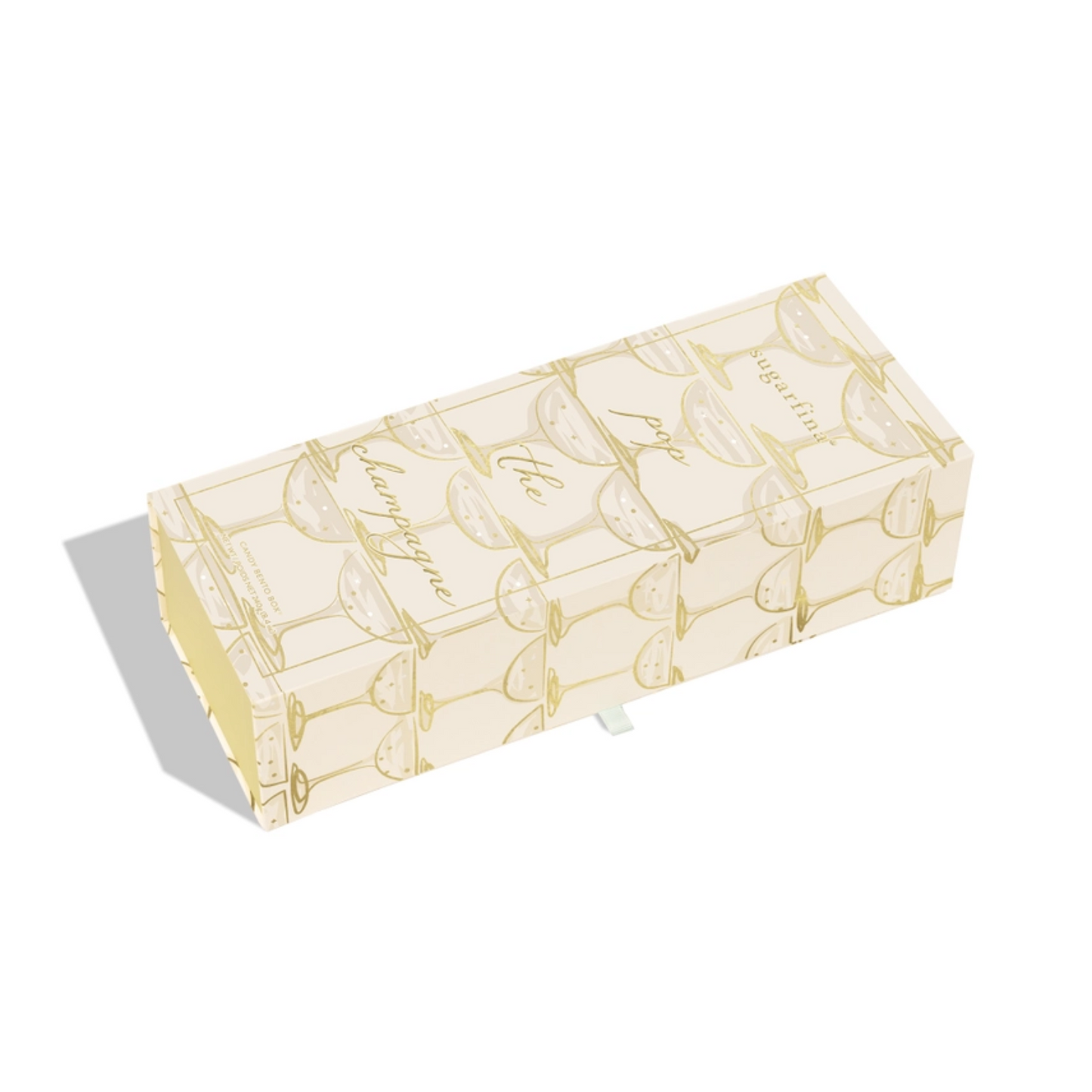 Elegant Sugarfina champagne-themed gift box with gold illustrations and script text, shown closed at an angle.