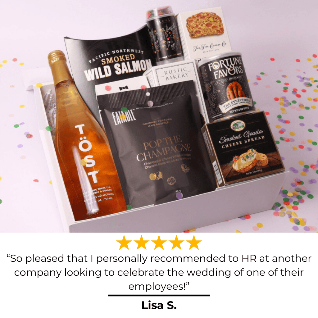 Our best-selling luxury celebration gift box with a 5-star review! A sophisticated selection of gourmet treats and a bottle of sparkline white tea make it a perfect retirement, housewarming, or holiday gift.