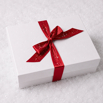 white gift box with red bow in snow