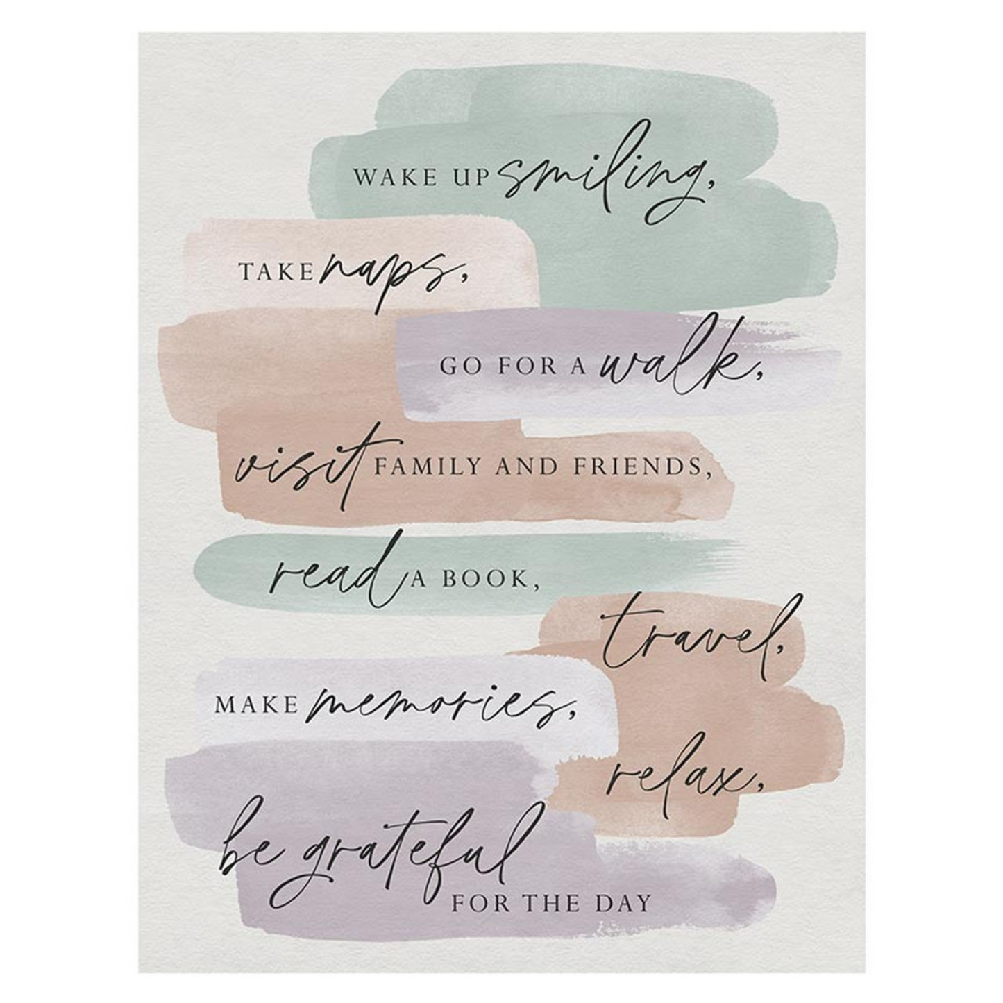 Inspirational cozy blanket Retirement Rules print with pastel brushstrokes and uplifting sayings like wake up smiling, take naps, travel, and be grateful.