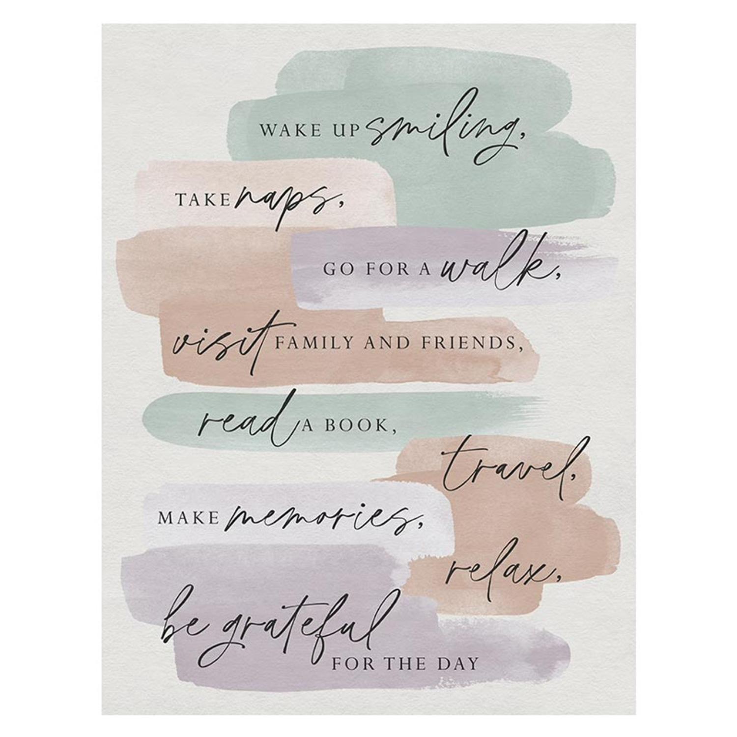 Inspirational cozy blanket Retirement Rules print with pastel brushstrokes and uplifting sayings like wake up smiling, take naps, travel, and be grateful.