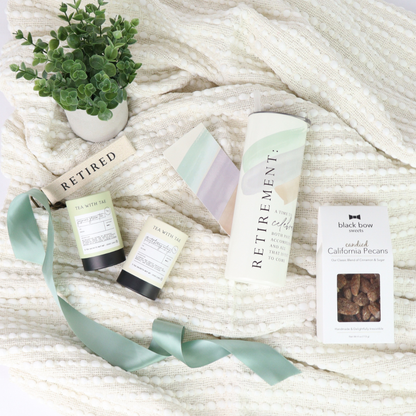 retirement for her gift set with tea, throw blanket, plant, tumbler and gourmet nuts