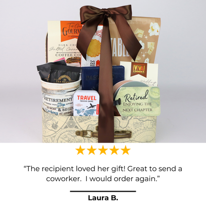 5 star review on the travel retirement gift basket for men and women.  The travel themed gift box is packed in a mini decorative suitcase filled with travel snacks and a retirement mug, journal and coasters. Perfect retirement gifts for coworkers.