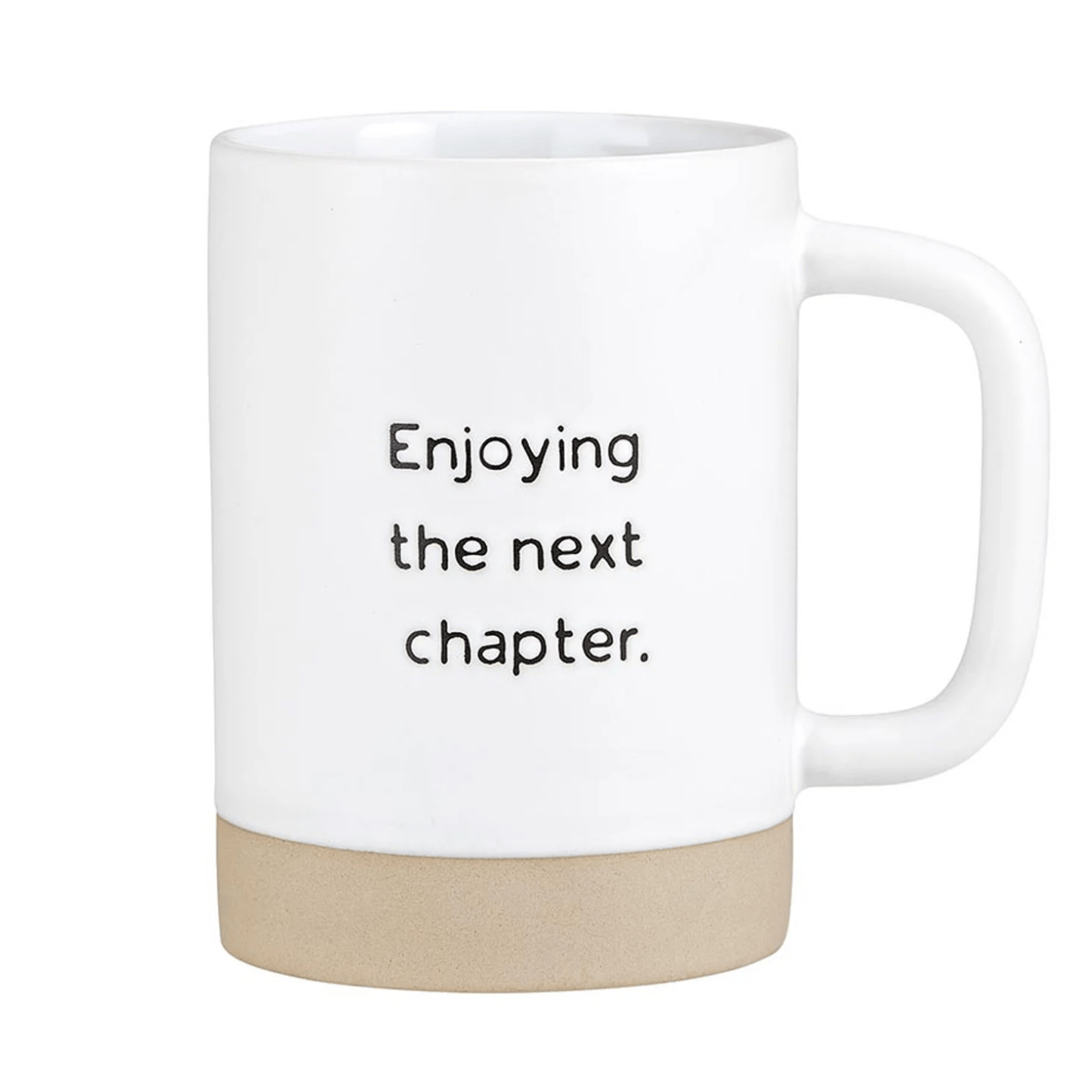 ceramic white retirement mug with black letters that say "enjoying the next chapter"