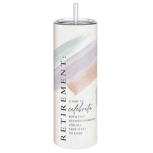 20oz stainless steel retirement tumbler with straw, featuring pastel brushstroke design and quote “Retirement: A time to celebrate both past accomplishments and all that is yet to come.”