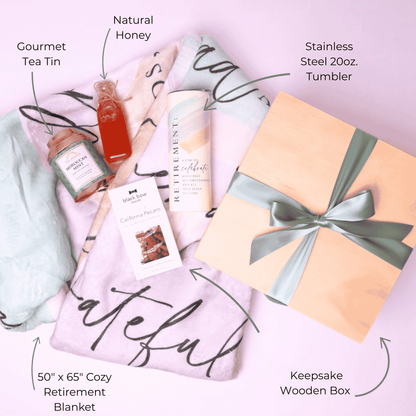 Flat Lay with Labeled Items
Retirement care package flat lay showing cozy grateful blanket, Moroccan mint tea, natural honey, California pecans, tumbler, and keepsake box.