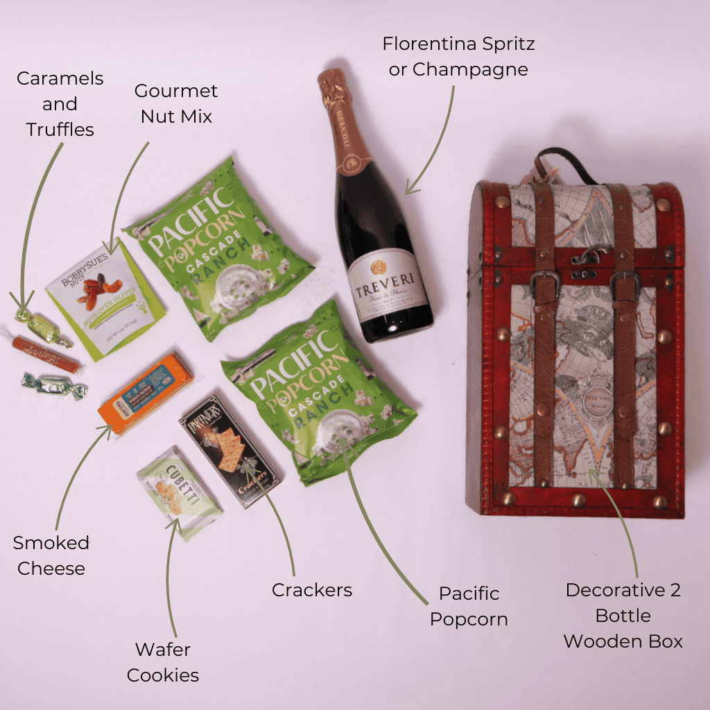 Luxury retirement gift for women in a vintage chest, filled with popcorn, wafers, nuts, and sparkling spritz. A top-rated retirement gift for men or women, shown with a 5-star customer review praising its quality and presentation.