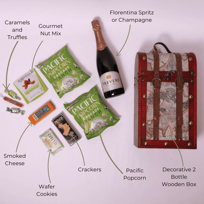 Luxury retirement gift for women in a vintage chest, filled with popcorn, wafers, nuts, and sparkling spritz. A top-rated retirement gift for men or women, shown with a 5-star customer review praising its quality and presentation.