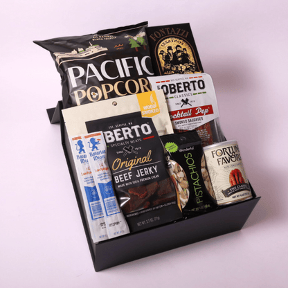 Washington-made Oberto savory gift box with premium jerky, smoked beef sticks, pretzels, nuts, and popcorn—perfect holiday or corporate gift for him.
