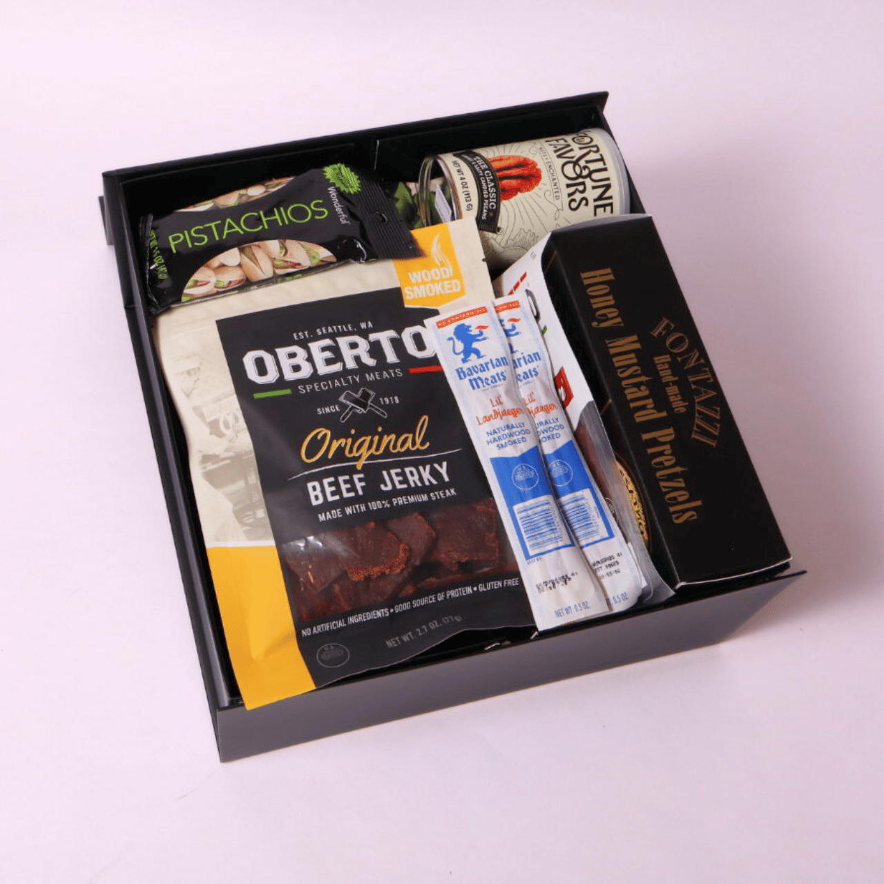Signature Washington gift box with Oberto snacks, including beef jerky, cocktail pep, pistachios, pretzels, and gourmet popcorn—ideal for corporate or holiday gifting.