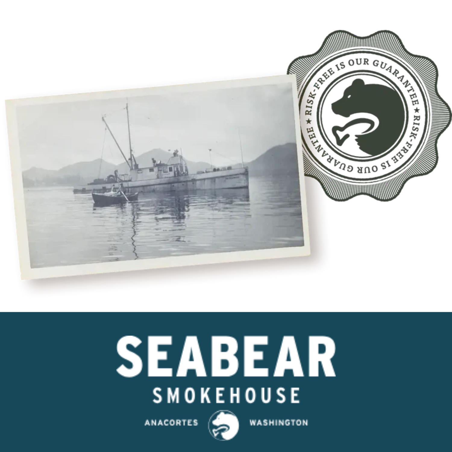 Vintage-style image of a boat on water with Seabear Smokehouse branding.